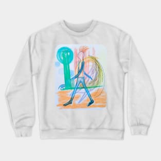 quirky blue figure walking Crewneck Sweatshirt